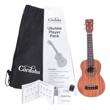 Load image into Gallery viewer, Cordoba Ukulele Pack with concert-sized mahogany ukulele, digital tuner, extra strings, picks, booklet, and travel bag