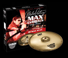 Load image into Gallery viewer, SABIAN 15005MPM HH Mid Max Stax cymbal set with packaging featuring Mike Portnoy and two cymbals on black background