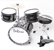 Load image into Gallery viewer, De Rosa USA 3 piece 12-inch kids junior drum set with adjustable stool, bass pedal, cymbal, and drumsticks