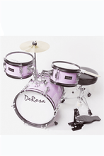 Load image into Gallery viewer, De Rosa USA kids 3-piece junior drum set with bass drum, snare, tom, cymbal, stool, pedal, and sticks in purple color