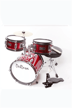 Load image into Gallery viewer, De Rosa USA kids 3-piece junior drum set with bass drum, snare, tom, cymbal, stool, and pedal in red