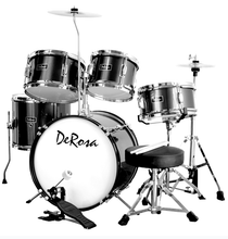 Load image into Gallery viewer, De Rosa USA 5 Piece 16" kid's junior drum set with birch wood shells, cymbals, stool, sticks, and pedal kit