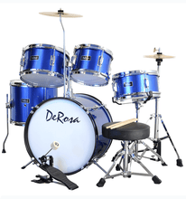 Load image into Gallery viewer, De Rosa USA 5 Piece 16-inch kids junior drum set in blue with bass drum, snare, toms, cymbals, stool, pedals, and sticks