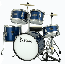 Load image into Gallery viewer, De Rosa USA 5 Piece 16" Kid's Junior Drum Set with birch wood shells, cymbals, stool, and drumsticks in blue color