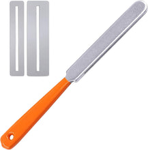 Load image into Gallery viewer, Fret crowning file with orange rubber handle and stainless steel fingerboard protectors for guitar maintenance