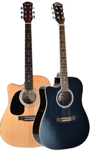 Load image into Gallery viewer, Two Glen Burton USA deluxe acoustic electric guitars with cutaway, one natural wood finish and one black finish, shown side by side
