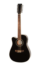 Load image into Gallery viewer, Left-handed De Rosa USA 12 string cutaway dreadnought acoustic electric guitar in black with spruce top and active 4-band EQ