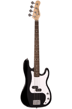 Load image into Gallery viewer, Huntington USA Outlaw 4-string precision electric bass guitar with basswood body, maple neck, rosewood fingerboard, and P-style pickups in black and white finish