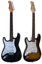 Load image into Gallery viewer, Two Huntington USA Outlaw solid body S-type left-handed electric guitars in black and sunburst finishes with three single coil pickups and bolt-on maple necks