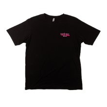 Load image into Gallery viewer, Ernie Ball Logo T-Shirt black with pink logo on chest
