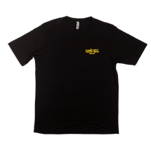 Load image into Gallery viewer, Black Ernie Ball In Slinky We Trust T-shirt with yellow logo on chest
