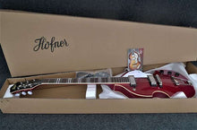 Load image into Gallery viewer, Hofner Ignition Pro red violin style electric guitar in open box with accessories and Hofner logo on cardboard packaging

