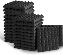 Load image into Gallery viewer, Stack of black acoustic studio panel foam pyramid wedges for sound absorption and noise reduction
