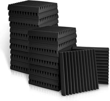 Load image into Gallery viewer, Stack of black 2-inch thick acoustic studio panel foam wedges for sound absorption and noise reduction
