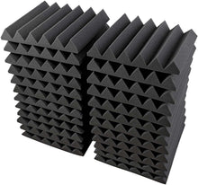 Load image into Gallery viewer, Stack of black acoustic studio panel foam wedges for sound absorption and noise reduction
