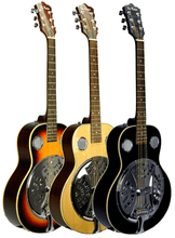 Charger l'image dans la galerie, Three De Rosa resonator acoustic guitars in sunburst, natural, and black finishes with metal resonator cones and wooden bodies
