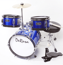 Load image into Gallery viewer, De Rosa USA 3 piece 12-inch kid's junior drum set with bass drum, snare, tom, cymbal, stool, pedal, and sticks in blue
