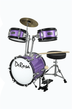 Load image into Gallery viewer, De Rosa USA 3 piece purple junior drum set for kids with stool and cymbal
