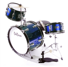 Load image into Gallery viewer, De Rosa USA 3 piece 16-inch kids junior drum set with bass drum, snare, tom, cymbal, pedal, sticks, and stool in blue finish
