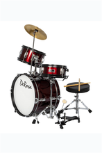 Load image into Gallery viewer, De Rosa USA 3 piece 16" kids junior drum set with birch wood shells, cymbal, pedal, stool, and sticks
