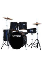 Load image into Gallery viewer, Huntington USA 5 Piece Drum Kit with black hardwood shells, cymbals, drum throne, sticks, and tuning key complete set

