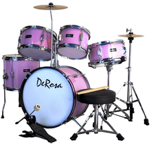 Load image into Gallery viewer, De Rosa USA 5 piece 16-inch kids junior drum set in pink with bass drum, snare, toms, cymbals, stool, pedal, and sticks
