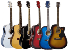 Load image into Gallery viewer, Six Glen Burton acoustic-electric guitars in different colors including white, natural, black, red, blue, and sunburst with cutaway design.
