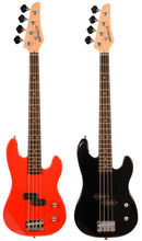 Load image into Gallery viewer, Huntington USA 4 string short scale electric bass guitars in red and black with maple necks and rosewood fingerboards
