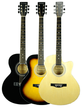 Charger l'image dans la galerie, Three Huntington USA Thin Line Dreadnought Cutaway Acoustic Guitars in black, sunburst, and natural wood finish
