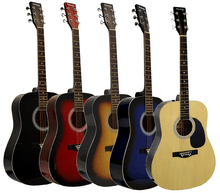 Load image into Gallery viewer, Huntington USA Dreadnought Guitars in multiple colors including black, red sunburst, brown sunburst, blue, and natural wood finish with steel strings and traditional dreadnought body shape.
