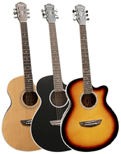 Load image into Gallery viewer, Three Casme Grand Concert Acoustic Guitars with cutaway in natural, black, and sunburst finish.
