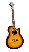 Load image into Gallery viewer, Casme Grand Concert Acoustic Guitar with cutaway and sunburst finish, spruce top, rosewood fingerboard and bridge, covered gear tuners, and included pickguard.
