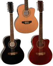 Load image into Gallery viewer, Three De Rosa USA 12 string thin line acoustic-electric guitars with cutaway in natural, black, and red finishes
