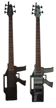 Charger l'image dans la galerie, Glen Burton USA AK475 machine gun shaped 5 string electric bass guitars in black and camo finish
