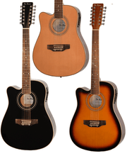 Load image into Gallery viewer, Three De Rosa 12 string cutaway dreadnought acoustic electric guitars in natural, black, and sunburst finishes, left handed with spruce tops and active EQ.
