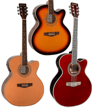 Charger l'image dans la galerie, Three Glen Burton USA 6 string jumbo body acoustic electric cutaway guitars in natural, sunburst, and red finishes with spruce tops and rosewood fingerboards
