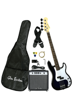 Load image into Gallery viewer, Glen Burton USA solid body 4-string electric bass guitar combo package with amplifier, gig bag, strap, tuner, picks, cable, and extra strings.
