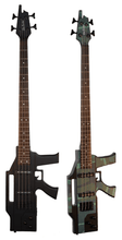 Load image into Gallery viewer, Two Glen Burton USA AK47 shape 4-string electric bass guitars, one black and one camouflage, featuring dual single coil pickups and anodized black hardware.
