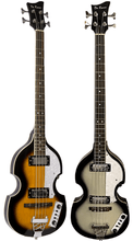 Load image into Gallery viewer, Two De Rosa USA hollow body electric bass guitars with vintage design and humbucker pickups

