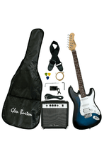 Load image into Gallery viewer, Glen Burton USA Solid Body Strat Style Electric Guitar package with amp, tuner, strap, cable, picks, extra strings, and gig bag in blue sunburst finish
