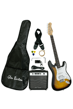 Load image into Gallery viewer, Glen Burton USA solid body Strat style electric guitar package with amp, tuner, gig bag, strap, cable, picks, and extra strings in sunburst finish
