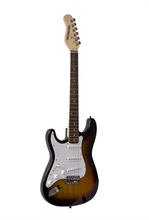 Load image into Gallery viewer, Huntington USA Outlaw left handed solid body electric guitar with basswood body and 3 single coil pickups in sunburst finish
