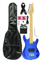 Load image into Gallery viewer, DeRosa USA Viper Junior ¾ scale blue electric guitar combo package with amplifier, gig bag, strap, picks, cables, and accessories
