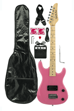 Load image into Gallery viewer, DeRosa USA Viper Junior 3/4 scale pink electric guitar combo pack with amplifier, gig bag, strap, picks, and accessories for kids
