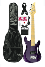 Load image into Gallery viewer, DeRosa USA Viper Junior 3/4 scale electric guitar combo pack with purple guitar, 3 watt amp, gig bag, strap, picks, and accessories
