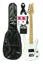 Load image into Gallery viewer, DeRosa USA Viper Junior 3/4 scale white electric guitar combo pack with amplifier, gig bag, strap, and accessories for kids
