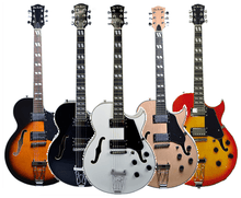 Load image into Gallery viewer, Five Glen Burton USA Chicago 775 Style hollow body electric guitars in various finishes including sunburst, black, white, natural, and red
