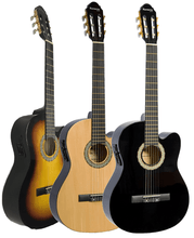 Load image into Gallery viewer, Three Huntington USA full-sized nylon string classical acoustic-electric guitars in sunburst, natural, and black finishes with cutaway bodies and 3-band EQ systems.
