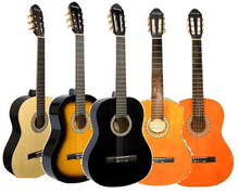 Load image into Gallery viewer, Lineup of Huntington USA C-40 Style full size classical nylon string guitars in various finishes including natural, sunburst, black, and orange
