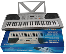 Load image into Gallery viewer, Huntington USA 54 key electric keyboard with music rack and AC adaptor on blue box packaging
